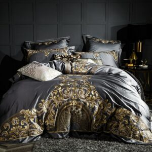 Luxury Gray Red 1000TC Satin Egyptian Cotton Bedding set Gold Royal Embroidery Queen King Duvet Cover Bed Linen/sheet Pillowcase 1