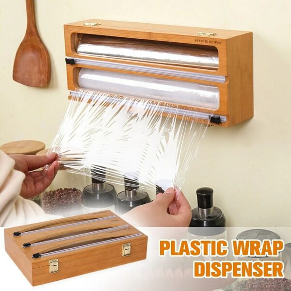 Food Wrap Cutter Dispenser Foil Cling Film Wrap Dispenser Cutter Bamboo Wood Storage Holder Home Kitchen Accessories Tools 2