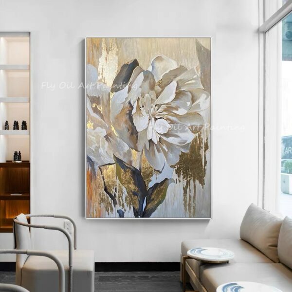 Large Size Modern Abstract 100% Handpainted Gold Foil Flower Brown Canvas Oil Painting For Office Living Room Decoration Gift 4