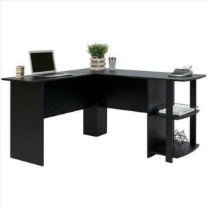 Shaped Wood Right-angle Computer Desk with Two-layer Bookshelves Black 1