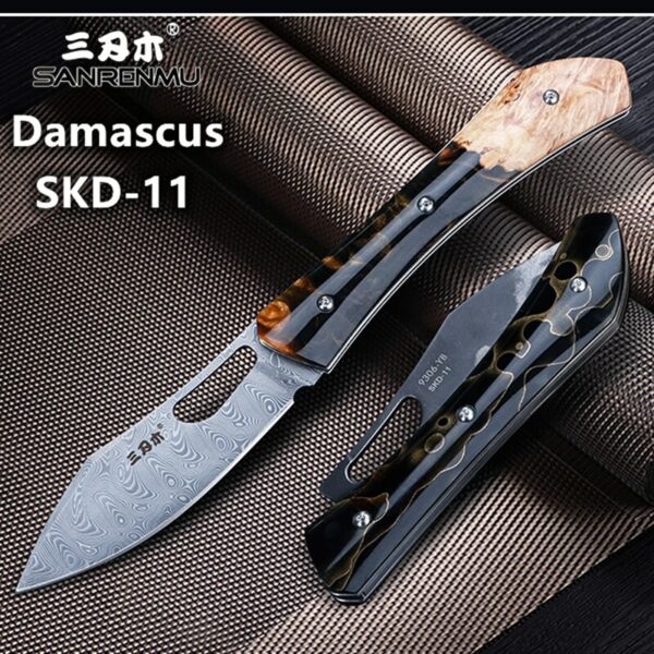 SANRENMU NEW 9306 Pocket Folding Knife SKD-11/Damascus Blade Hunting Outdoor Camping Rescue Knife No Lock Fruits Knifing knives 2