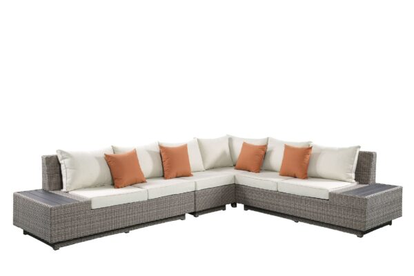 Modern Classic Salena Patio Sectional and Cocktail Table in Beige Fabric Gray Wicker for Garden Yard Home Leisure Furniture 4