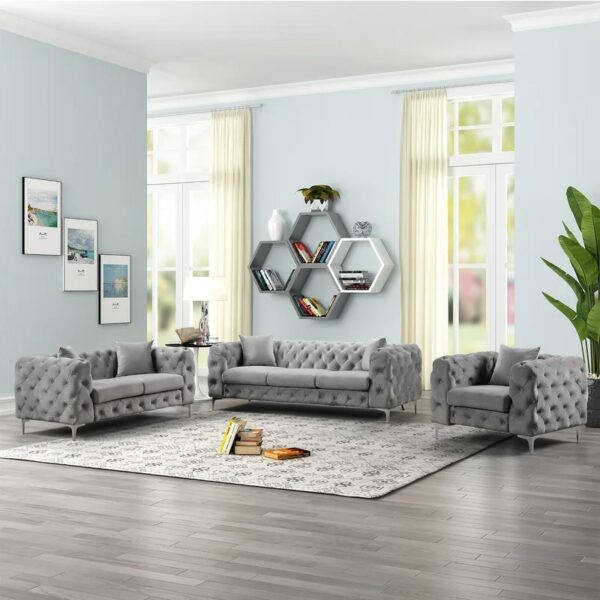 3 Piece Living Room Sofa Set, including 3-seater sofa, loveseat and sofa chair, with button and copper nail on arms and back 4