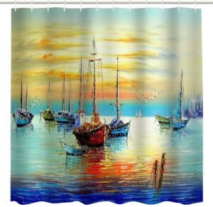 Colorful Fabric Antique Pirate Ships Sailboat on Ocean Sunset Painting Bathroom Art 1