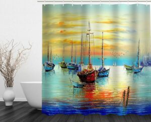 Colorful Fabric Antique Pirate Ships Sailboat on Ocean Sunset Painting Bathroom Art 2