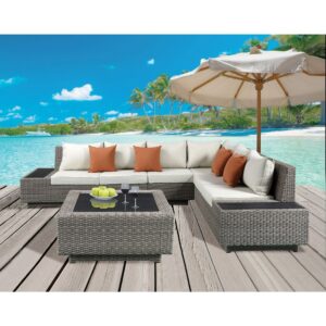 Modern Classic Salena Patio Sectional and Cocktail Table in Beige Fabric Gray Wicker for Garden Yard Home Leisure Furniture 1