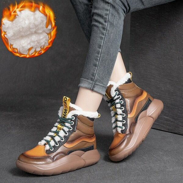 Winter Cotton Shoes Cowhide Women's Thick Bottom Round Head Plus Velvet Boots Casual Ankle Botas Outdoor Trekking Sneakers 4