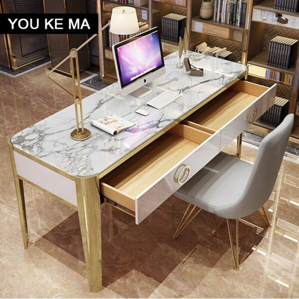 Modern desk simple student computer desk integrated home writing desk super luxury titanium stainless steel marble