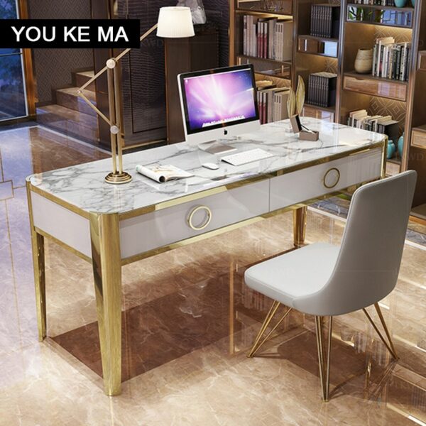 Modern desk simple student computer desk integrated home writing desk super luxury titanium stainless steel marble