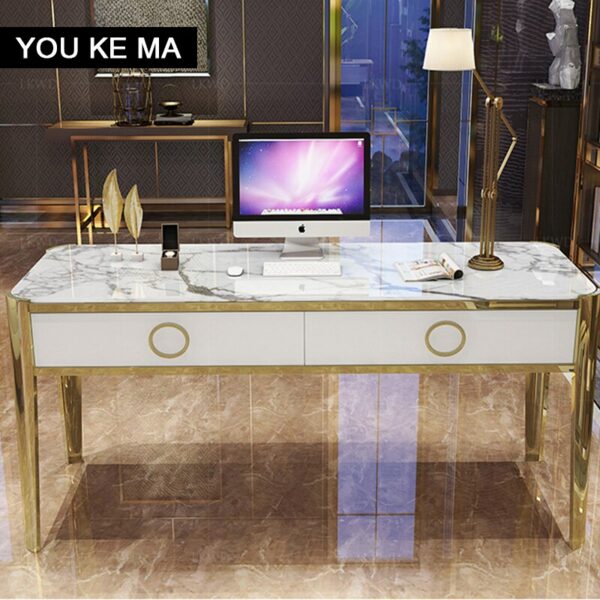 Modern desk simple student computer desk integrated home writing desk super luxury titanium stainless steel marble