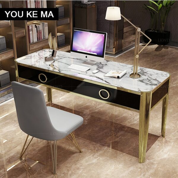 Modern desk simple student computer desk integrated home writing desk super luxury titanium stainless steel marble